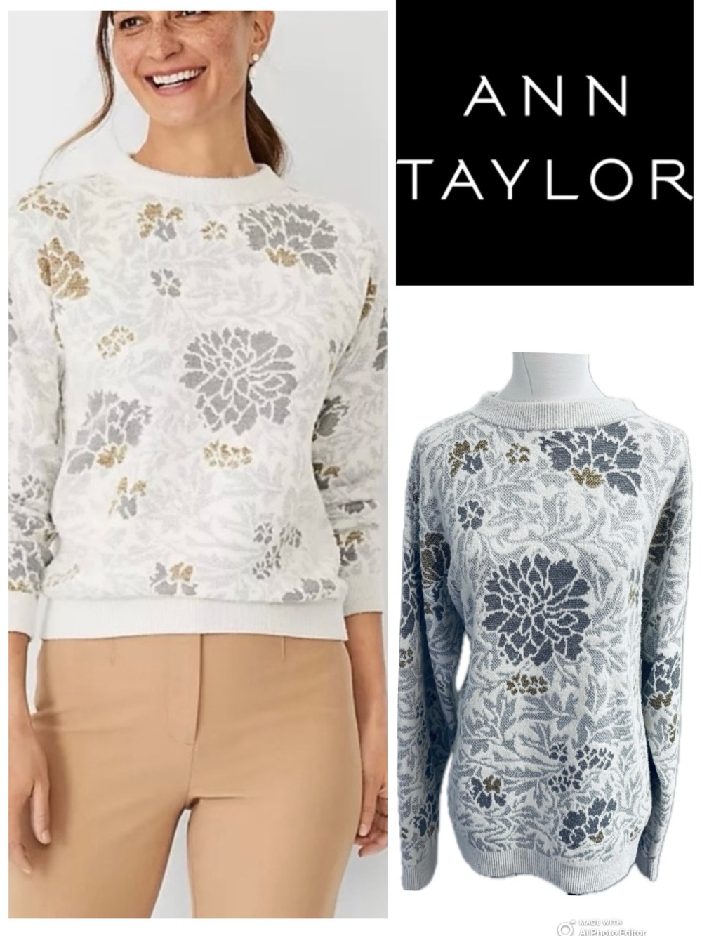 NWT Ann Taylor Silver & Gold Shimmering Soft Jacquard Floral Sweater - Size XL